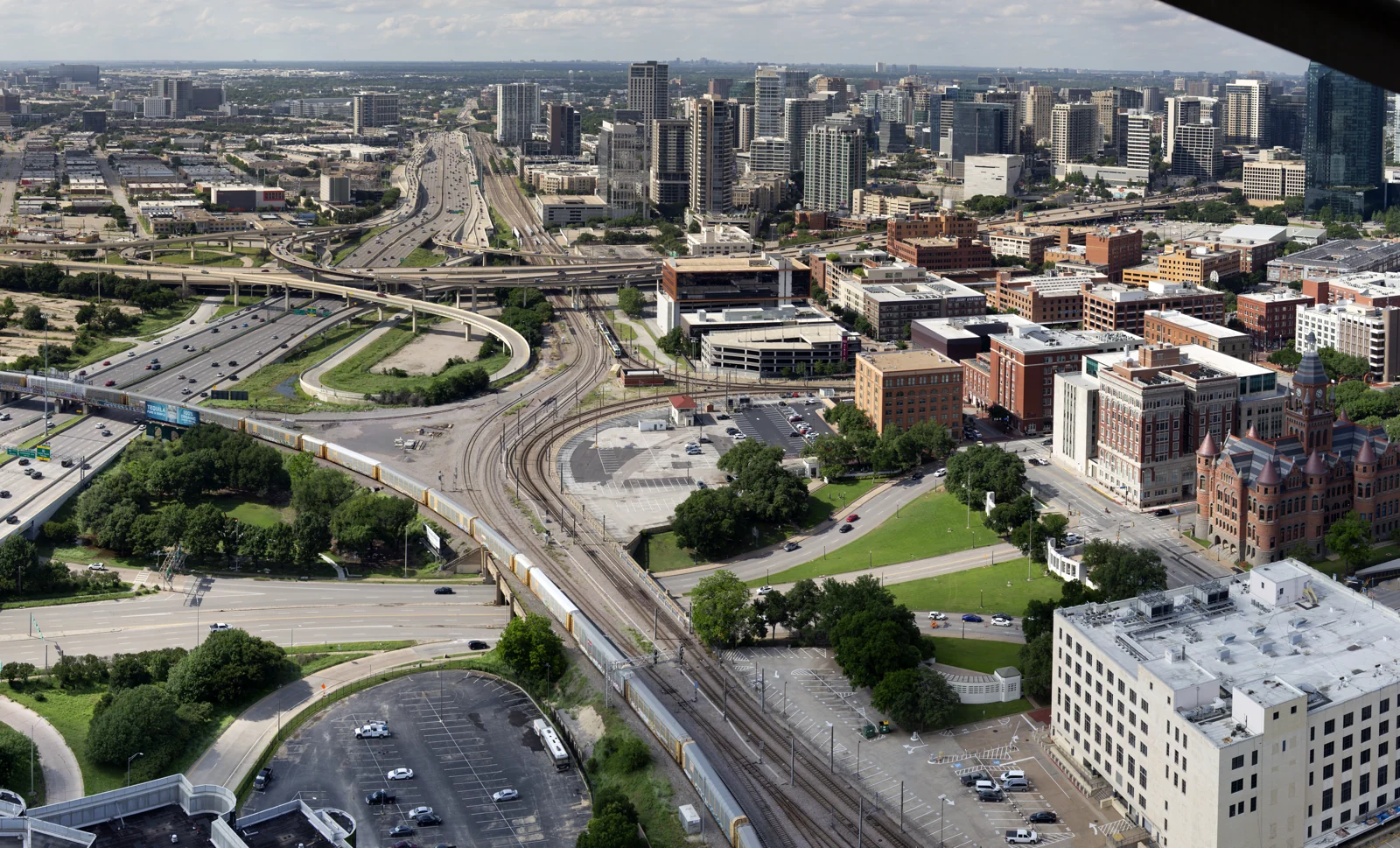 Roads, rail lines, Martyr’s Park and Dealey Plaza in Dallas in May 2024