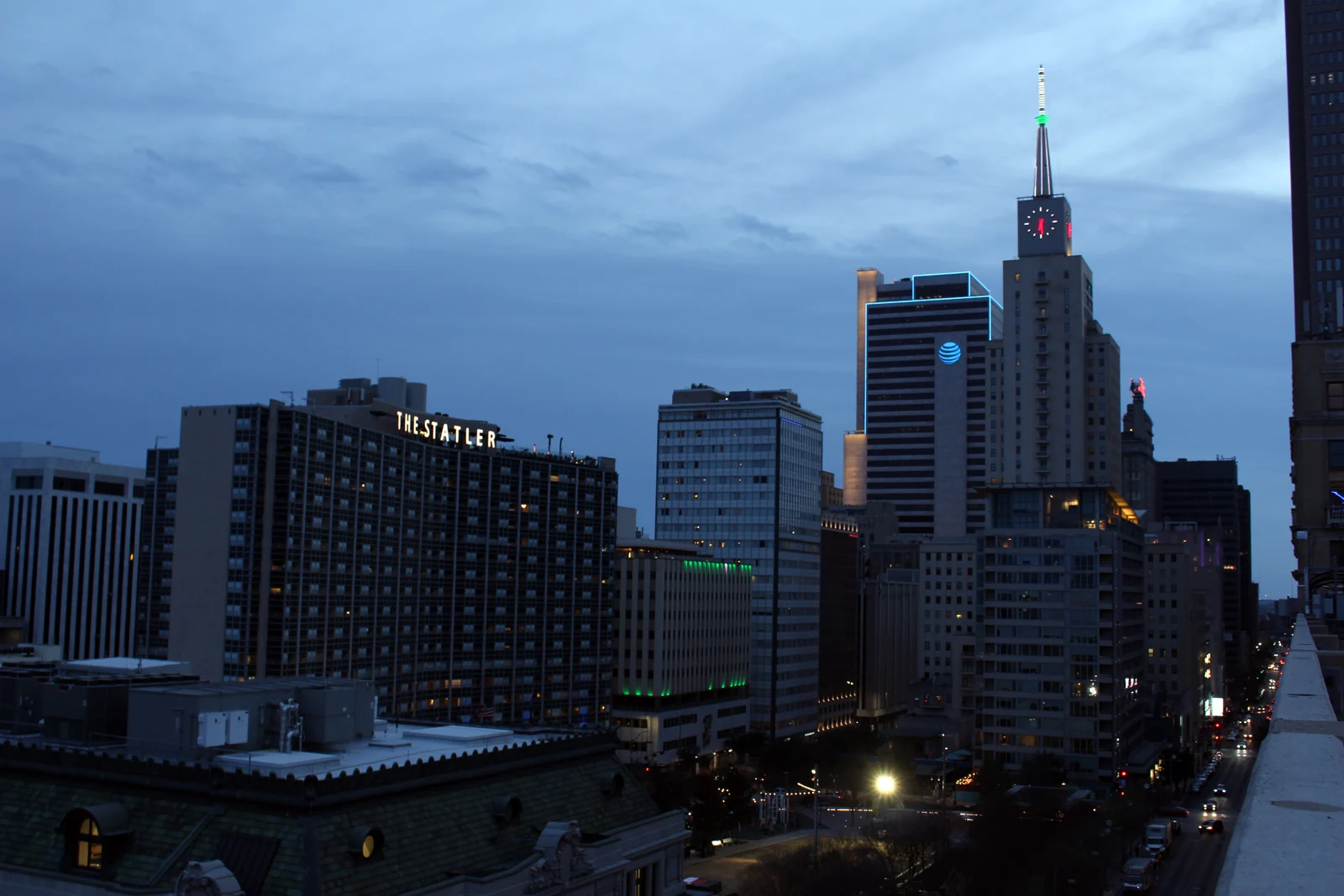 Main Street Garden and surrounding downtown Dallas buildings at dusk in March 2020
